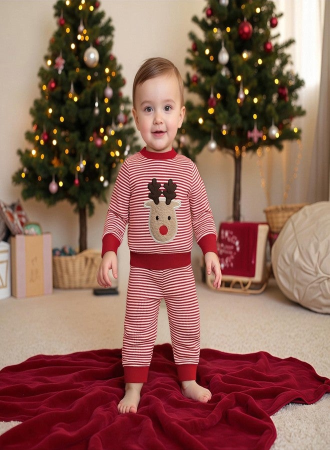 Nyapruwe Infant Baby Boy Girl Christmas Outfits Toddler Xmas Long Sleeve Sweatshirt Pants Set Fall Winter 2Pcs Clothes (Red Stripe Deer, 12-18 Months) - Image 2