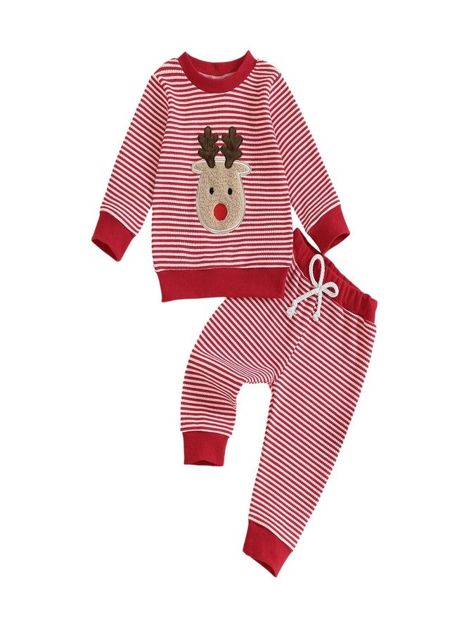 Nyapruwe Infant Baby Boy Girl Christmas Outfits Toddler Xmas Long Sleeve Sweatshirt Pants Set Fall Winter 2Pcs Clothes (Red Stripe Deer, 12-18 Months) - Image 1