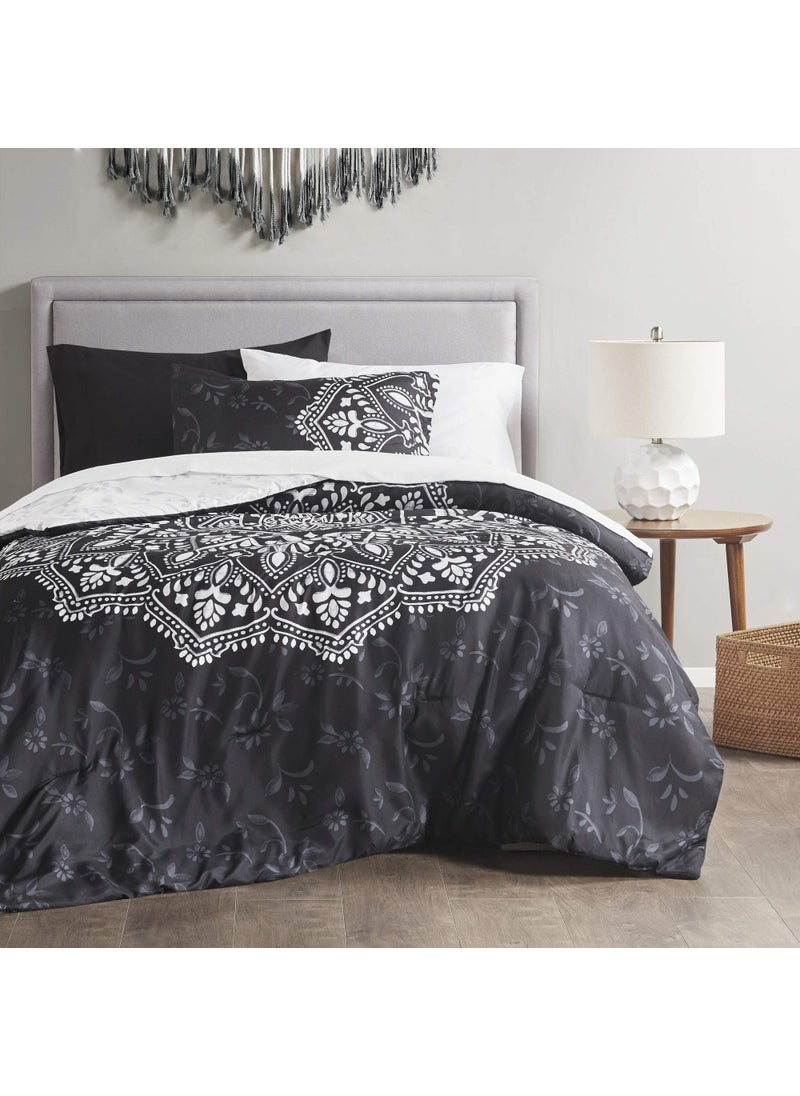 Comfort Spaces Comfort Spaces Bed in A Bag  Trendy Casual Design Cozy Comforter with Complete Sheet Set with Side Pocket All Season Cover Matching Shams Twin XL 66 in x 90 in Ava Medallion Black 6 Piece 