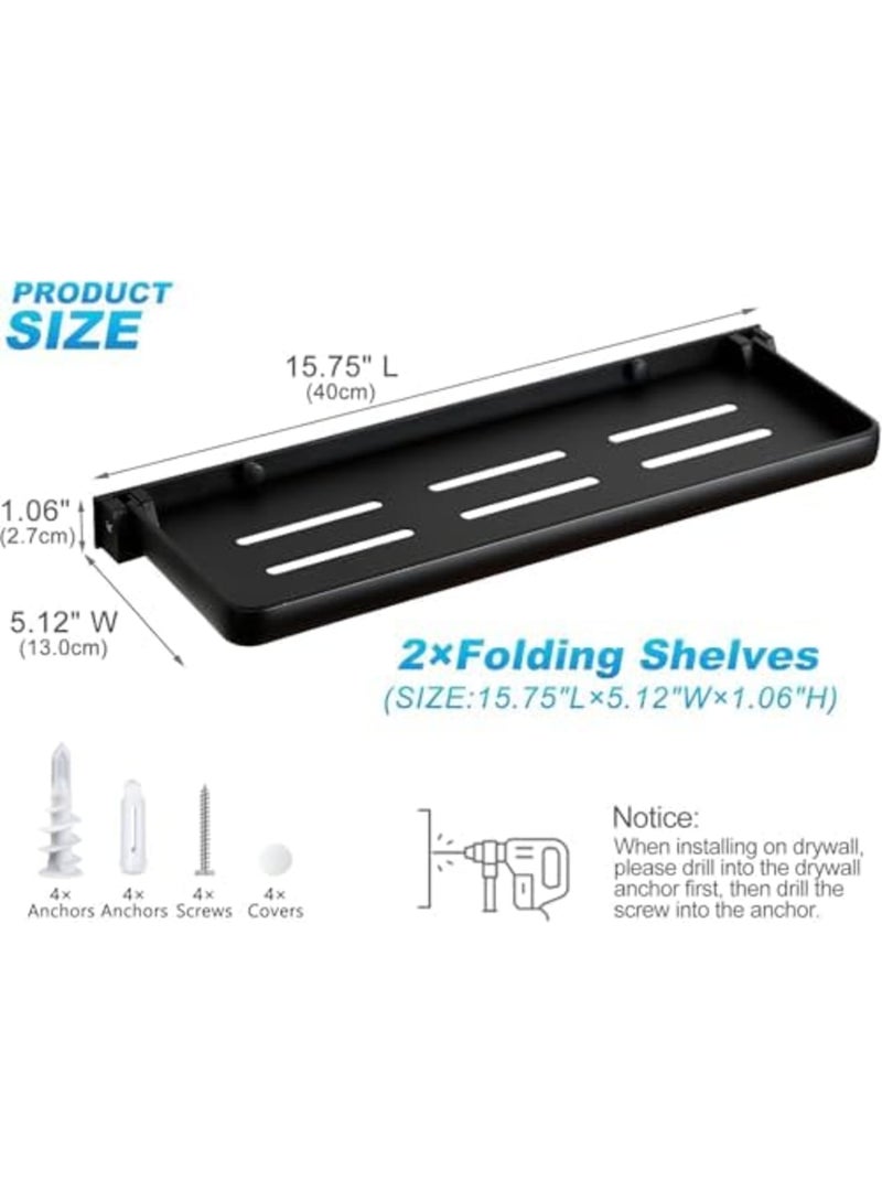 SYOSI Folding Wall Shelf for Bathroom – 2-Tier Foldable Metal Floating Shelves with 90° Fold-Up Design, Wall Mounted Drop-Down Shelves for RV, Laundry Room, Toilet, Waterproof Durable Storage (2Pack,Black) - Image 3
