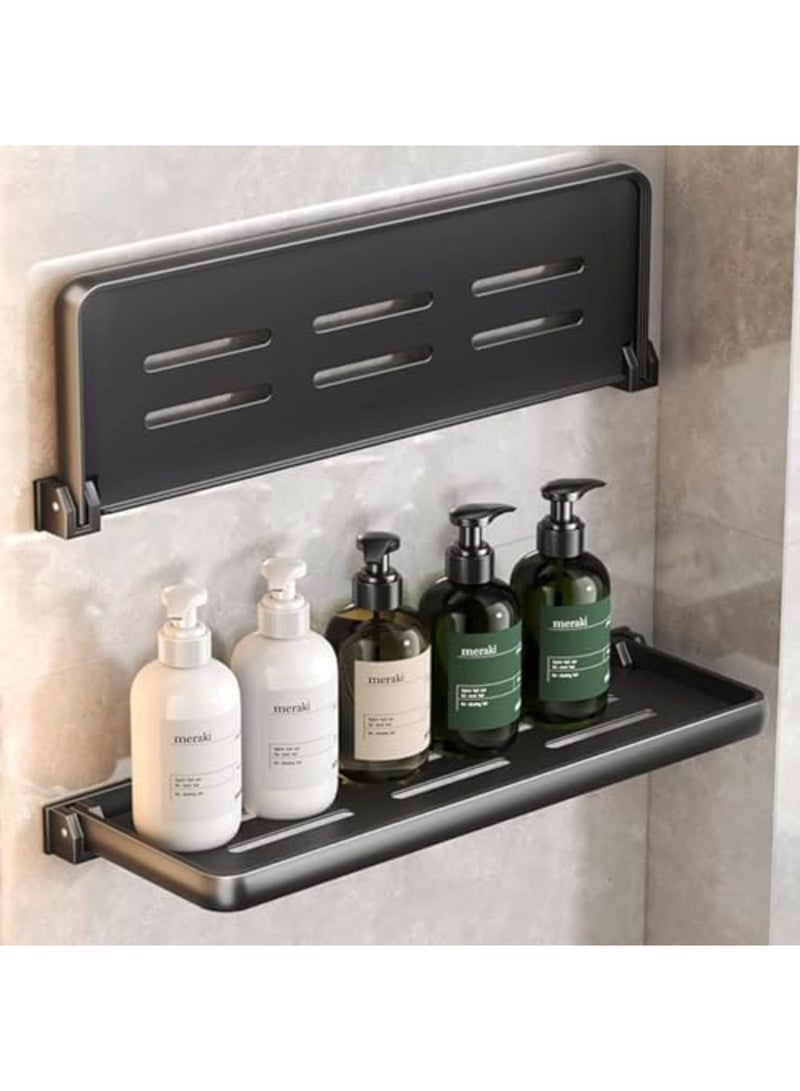 SYOSI Folding Wall Shelf for Bathroom – 2-Tier Foldable Metal Floating Shelves with 90° Fold-Up Design, Wall Mounted Drop-Down Shelves for RV, Laundry Room, Toilet, Waterproof Durable Storage (2Pack,Black) - Image 2