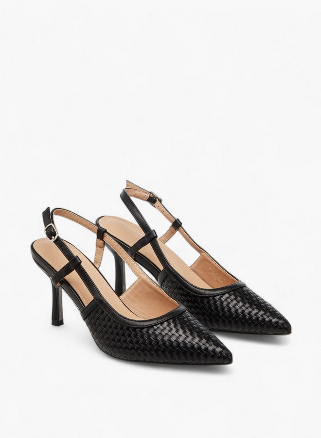 Flora Bella By Shoexpress Textured Pointed Toe Shoes with Flared Heel and Buckle Closure - Image 3