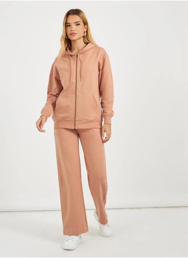 Styli Solid Front Zip Hoodie & Wide Leg Joggers Co-Ords