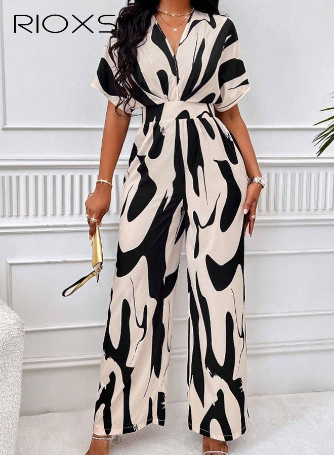 RIOXS Women's Printed Loose Jumpsuits, Casual V-neck One Piece Wide Leg Long Pant Rompers with Floating Batwing Sleeve, Summer High Waisted Rompers for Wedding, Dating, Party, Holiday, Black and White - Image 1