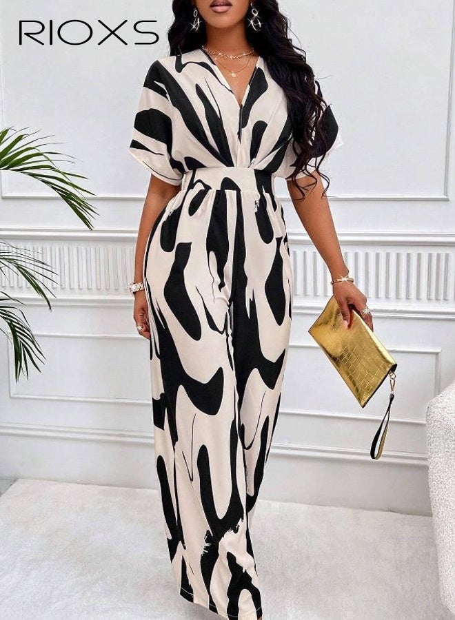 RIOXS Women's Printed Loose Jumpsuits, Casual V-neck One Piece Wide Leg Long Pant Rompers with Floating Batwing Sleeve, Summer High Waisted Rompers for Wedding, Dating, Party, Holiday, Black and White - Image 2