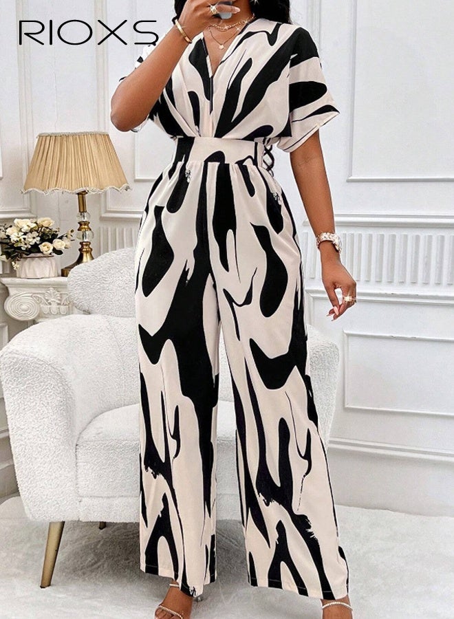 RIOXS Women's Printed Loose Jumpsuits, Casual V-neck One Piece Wide Leg Long Pant Rompers with Floating Batwing Sleeve, Summer High Waisted Rompers for Wedding, Dating, Party, Holiday, Black and White - Image 5