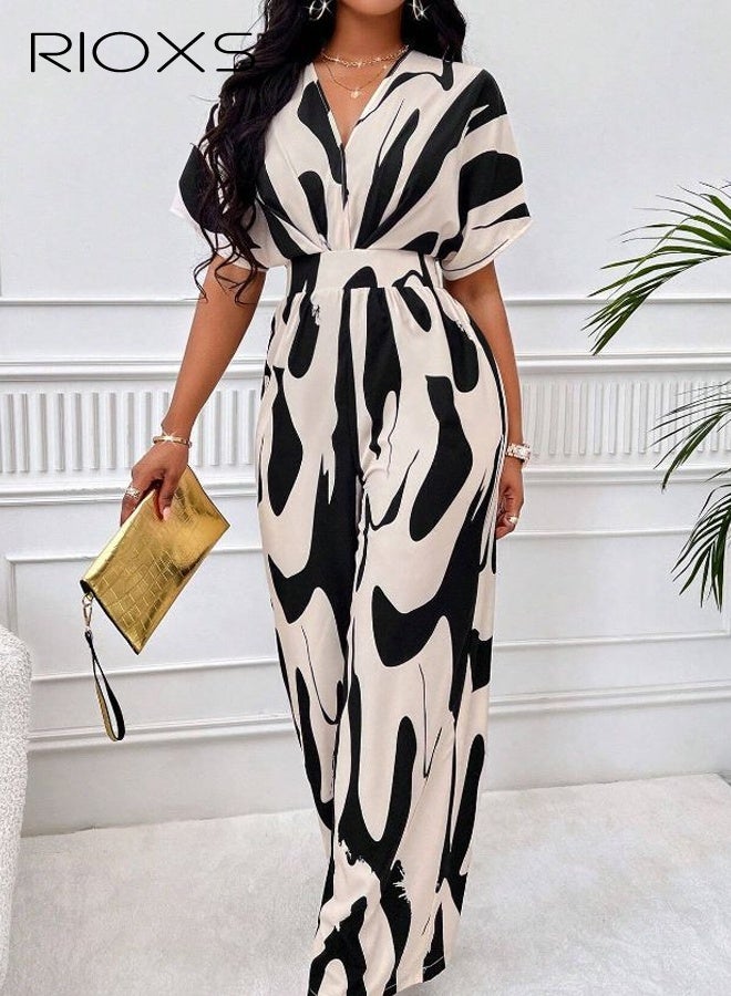 RIOXS Women's Printed Loose Jumpsuits, Casual V-neck One Piece Wide Leg Long Pant Rompers with Floating Batwing Sleeve, Summer High Waisted Rompers for Wedding, Dating, Party, Holiday, Black and White - Image 4