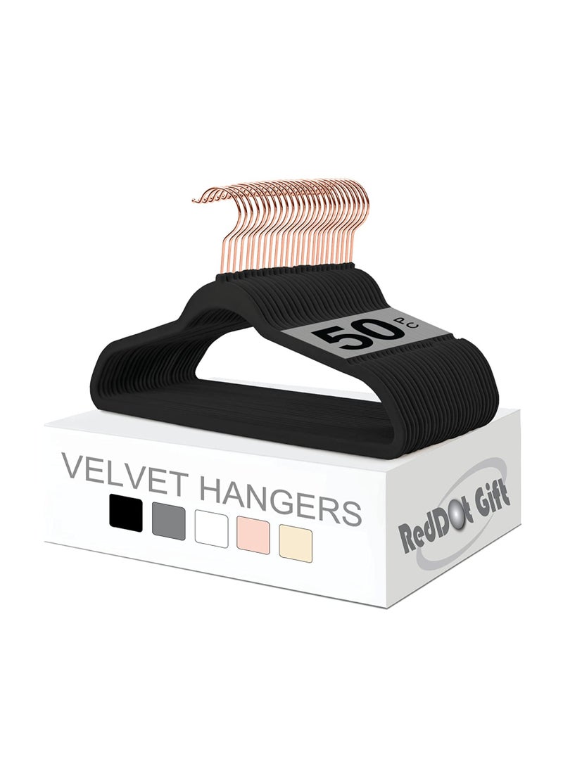 Red Dot Gift 50-Pieces Black Non-Slip Velvet Clothes Hanger with Rose Golden 360 Degree Rotatable Hook,Durable & Slim  - Image 1