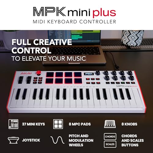 Akai Professional MPK Mini Plus - USB MIDI Keyboard Controller with 37 Mini Keys, 8 MPC Pads, Sequencer, MIDI/CV/Gate I/O and Native Instruments Sound Package, White Limited Edition - Image 2