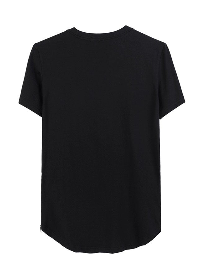 Men's mid-length round neck round swing side zipper short-sleeved T-shirt bottoming shirt-black - Image 4