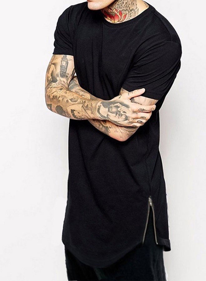 Men's mid-length round neck round swing side zipper short-sleeved T-shirt bottoming shirt-black - Image 1