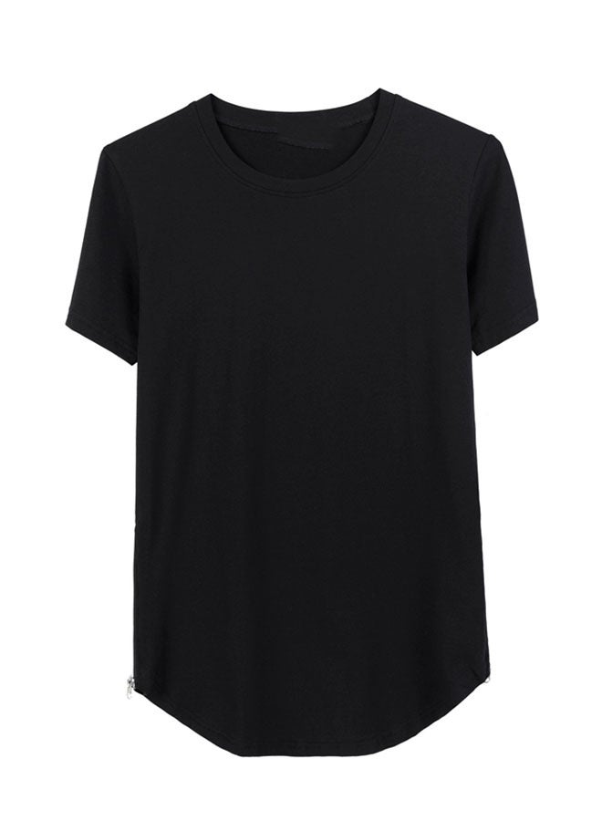 Men's mid-length round neck round swing side zipper short-sleeved T-shirt bottoming shirt-black - Image 3