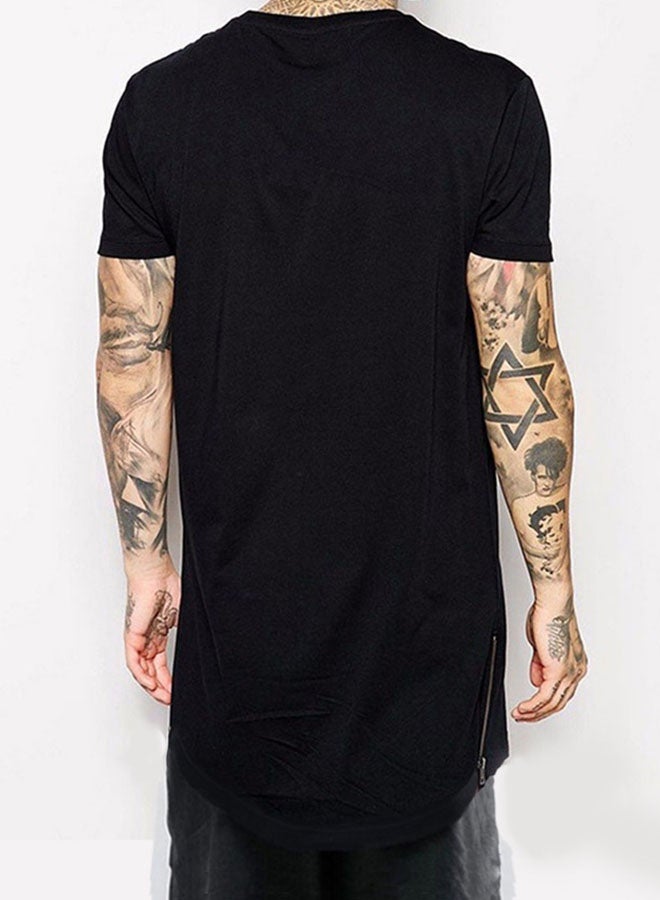 Men's mid-length round neck round swing side zipper short-sleeved T-shirt bottoming shirt-black - Image 2