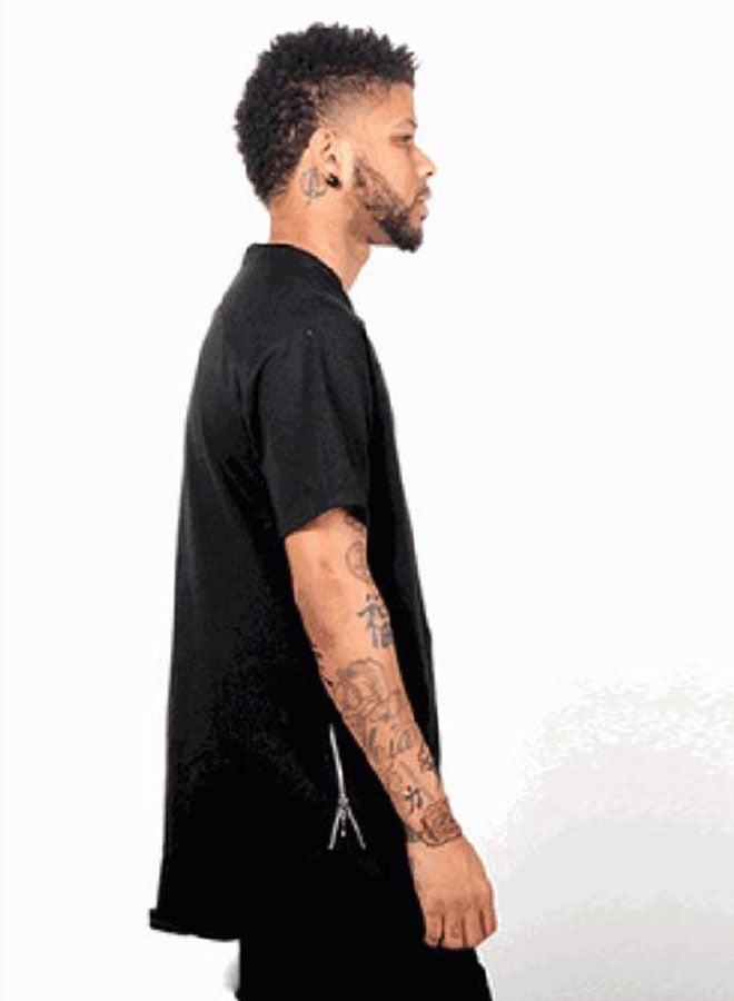 Men's mid-length round neck round swing side zipper short-sleeved T-shirt bottoming shirt-black - Image 5