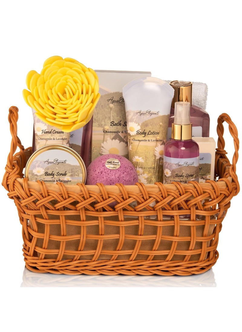 Aqua Elegante - Spa Baskets For Women  Luxury Bath Set With Lavender  Chamomile  Spa Kit Includes Wash Bubble Bath Lotion Bath Salts Body Scrub Body Spray Shower Puff Bathbombs Soap and Towel - Image 1