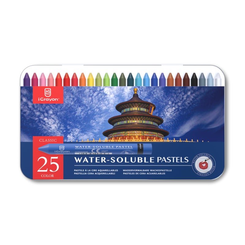 iCrayon 25 Colors Water Soluble Pastels, Watercolor Pastel Set for Beginners and Hobbyists, Includes Sharpener, Palette & Brush for Vibrant Art Creations (Classic) - Image 1