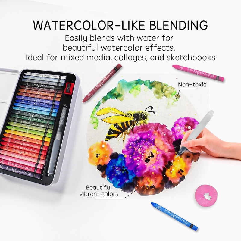 iCrayon 25 Colors Water Soluble Pastels, Watercolor Pastel Set for Beginners and Hobbyists, Includes Sharpener, Palette & Brush for Vibrant Art Creations (Classic) - Image 3