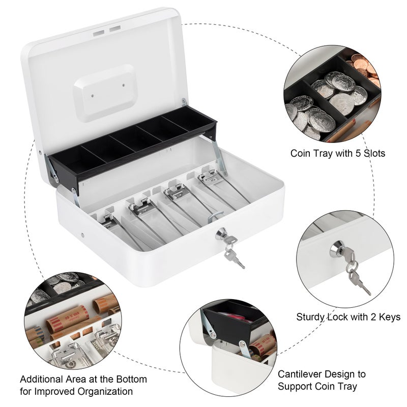 Sumerfnt Cash Box with Lock and Money Tray Money Box for Cash, Metal Lock Box for Money Cash Register - 11.8" x 9.4" x 3.54" White - Image 3