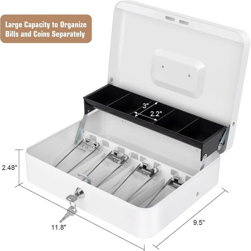 Sumerfnt Cash Box with Lock and Money Tray Money Box for Cash, Metal Lock Box for Money Cash Register - 11.8" x 9.4" x 3.54" White - Image 5
