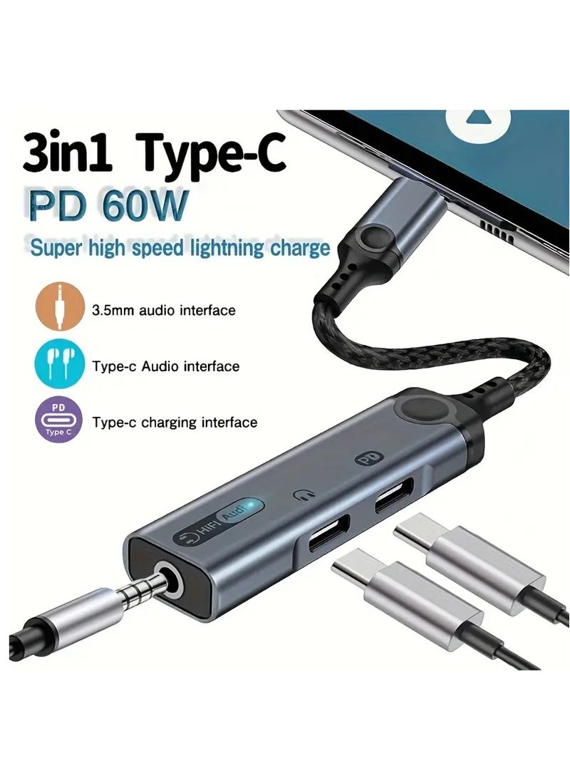 Generic USB C To 3.5mm Headphone And Type-c Headphone And Charger Adapter,3-in-1 USB C To Aux Audio Jack And Fast Charging Dongle Cable Cord With PD 60W Fast Charging  - Image 1