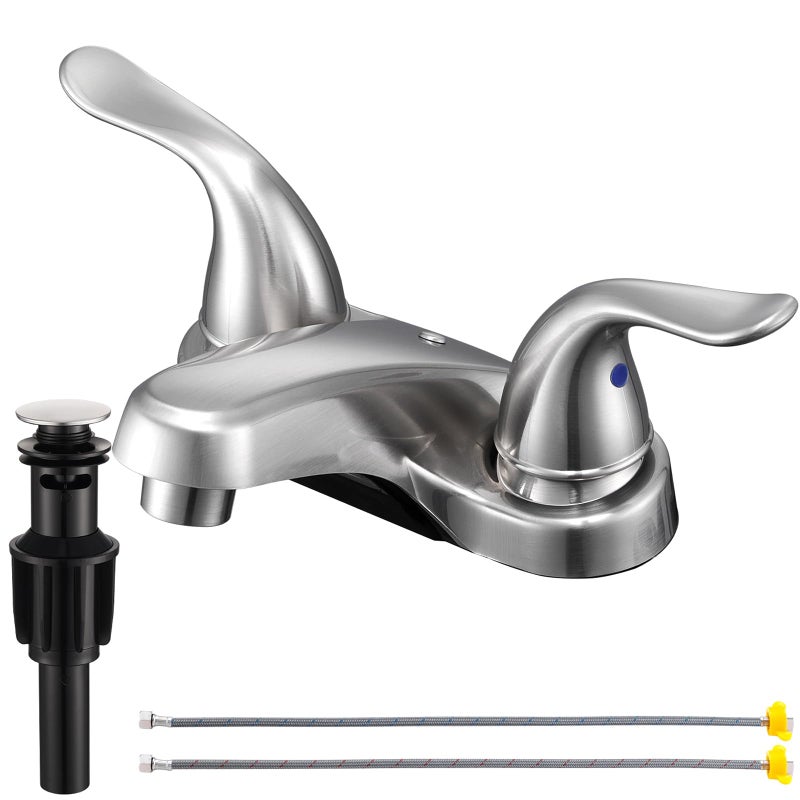 KPWATER Bathroom Sink Faucets 23 HoleBrushed Nickel Dual Handles 4 inch Plastic Plating Over Bathroom Faucet with Popup Drain and 2 Supply Hoses for Apartment Rvs Sink Vanity