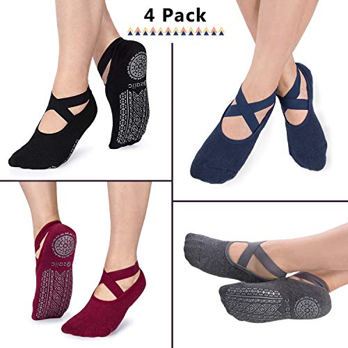 Ozaiic Non Slip Socks for Yoga Pilates Barre Fitness Hospital Socks for Women (4 Pairs - Black/Navy/D.gray/Burgundy) - Image 2