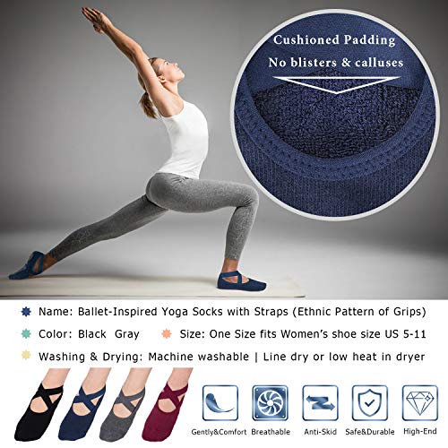 Ozaiic Non Slip Socks for Yoga Pilates Barre Fitness Hospital Socks for Women (4 Pairs - Black/Navy/D.gray/Burgundy) - Image 3