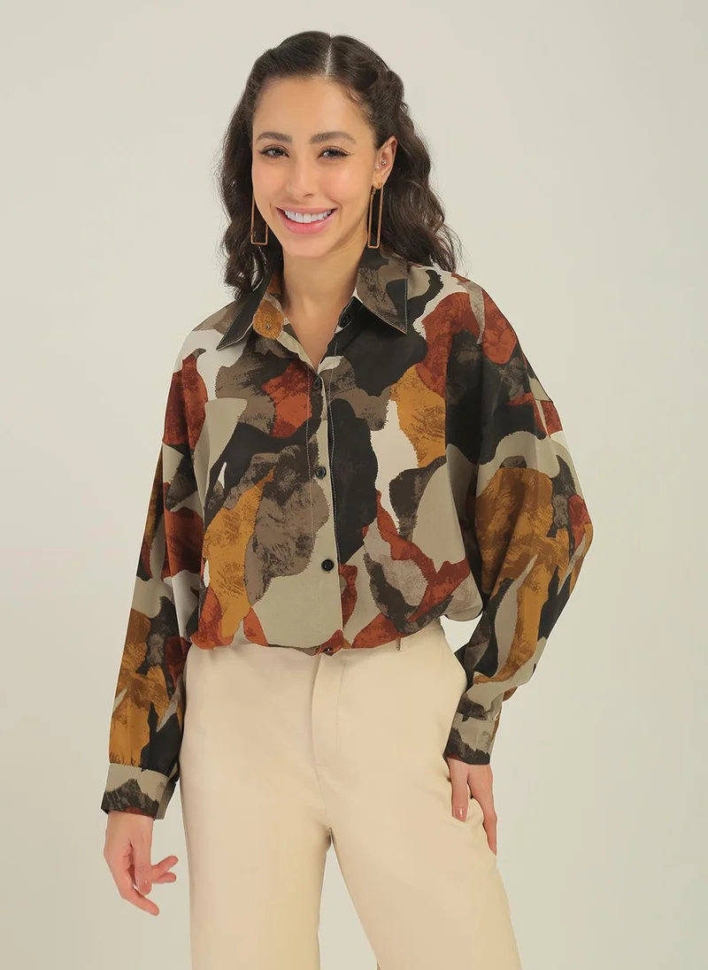 globus Globus Women Multi Abstract Print Collared Neck Cuffed Sleeves Curved Hem Shirt