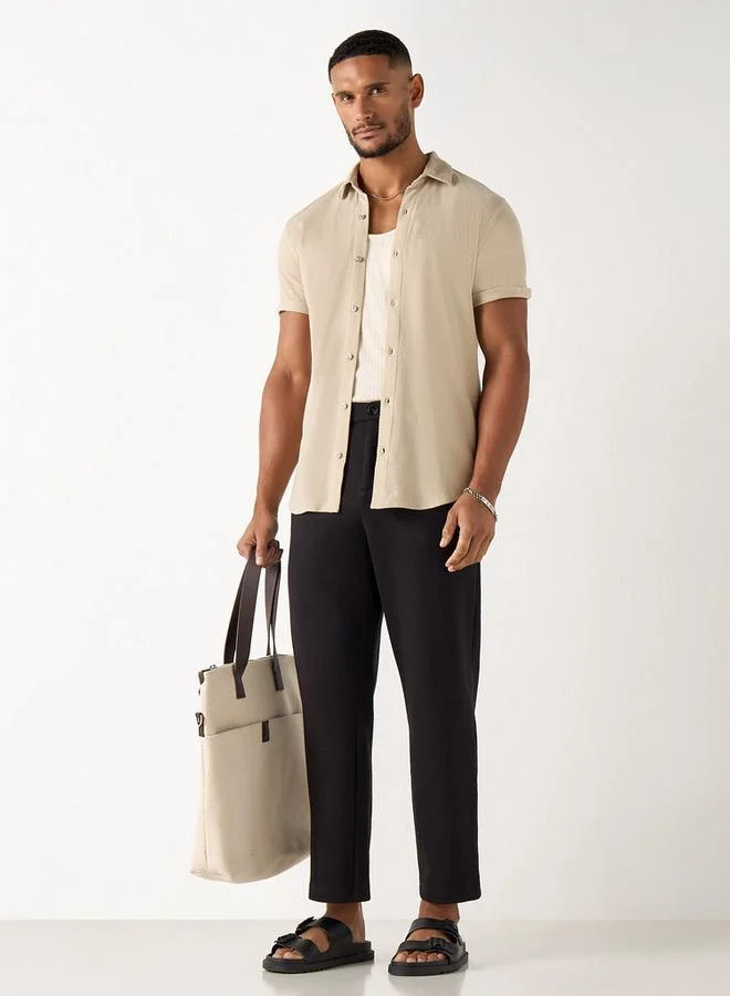 Iconic Iconic Slim Fit Textured Shirt with Short Sleeves and Button Placket