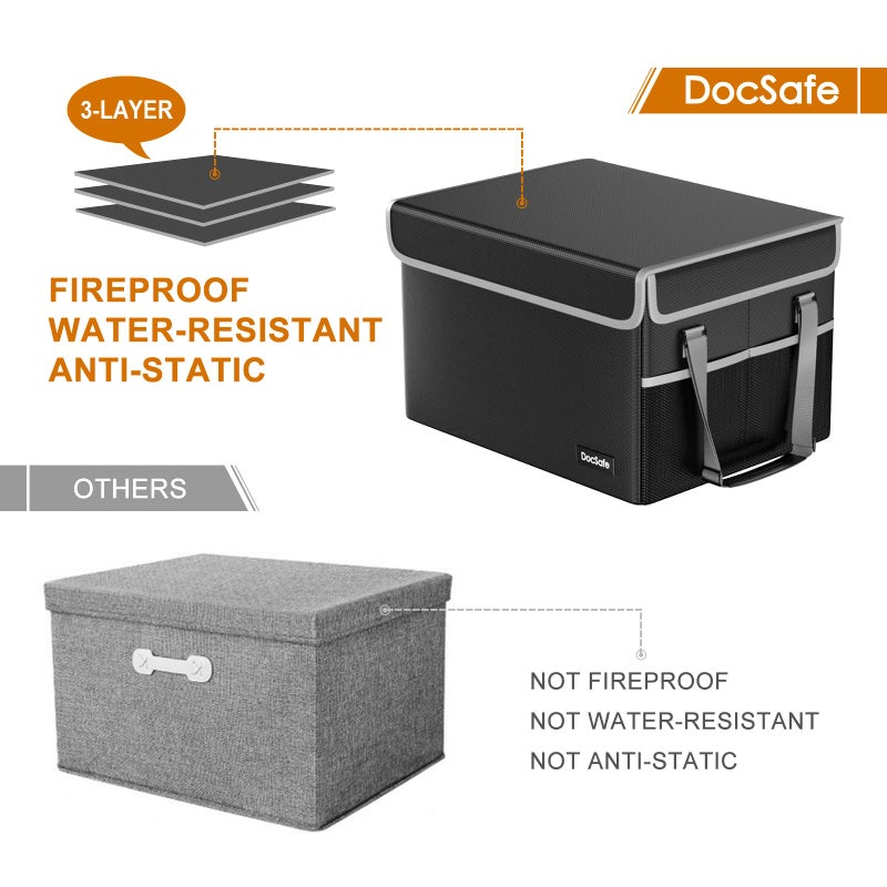 DocSafe صندوق ملفات دوك سيف مقاوم للحريق مع غطاء، منظم تخزين مستندات قابل للطي لحفظ الملفات القانونية/الخطابية، خزانة آمنة محمولة للمكتب المنزلي مع مقبض، أسود - Image 5