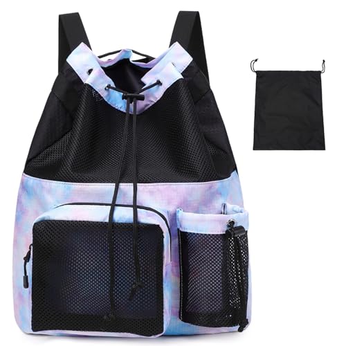 Lohol Mesh Drawstring Backpack with Seperate Shoes Bag Swimming String Sack for Sports Gym Yoga Beach Travel Galalxy Purple Blue - Image 1