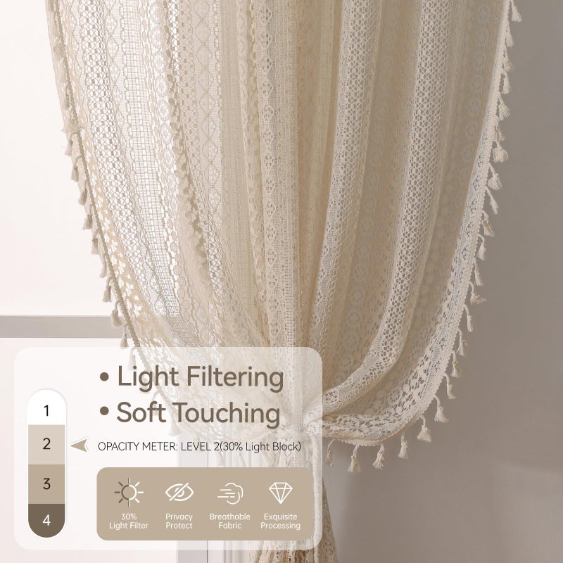 WAZZIO Beige Boho Valances 18 Inch - Cotton Blend Crochet Lace Window Toppers with Wide Rod Pocket, Short Cafe Curtains for Kitchen Living Room Bedroom (Set of 2, W59 xL18) - Image 4