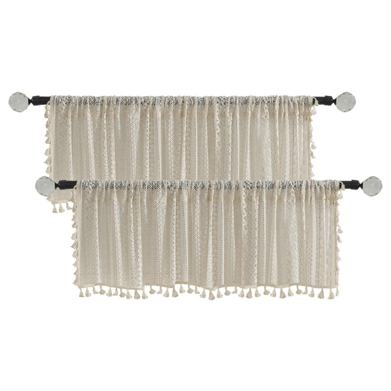 WAZZIO Beige Boho Valances 18 Inch - Cotton Blend Crochet Lace Window Toppers with Wide Rod Pocket, Short Cafe Curtains for Kitchen Living Room Bedroom (Set of 2, W59 xL18) - Image 2