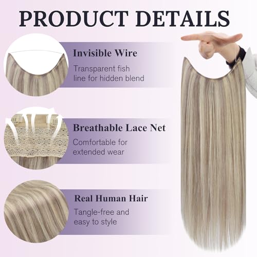Fshine Invisible Wire Hair Extensions 18 Inch 80 G Ash Blonde Highlighted Bleach Blonde Fish Line Wire Human Hair Extensions Seamless Layered Hairpiece Clip ins for Women - Image 2