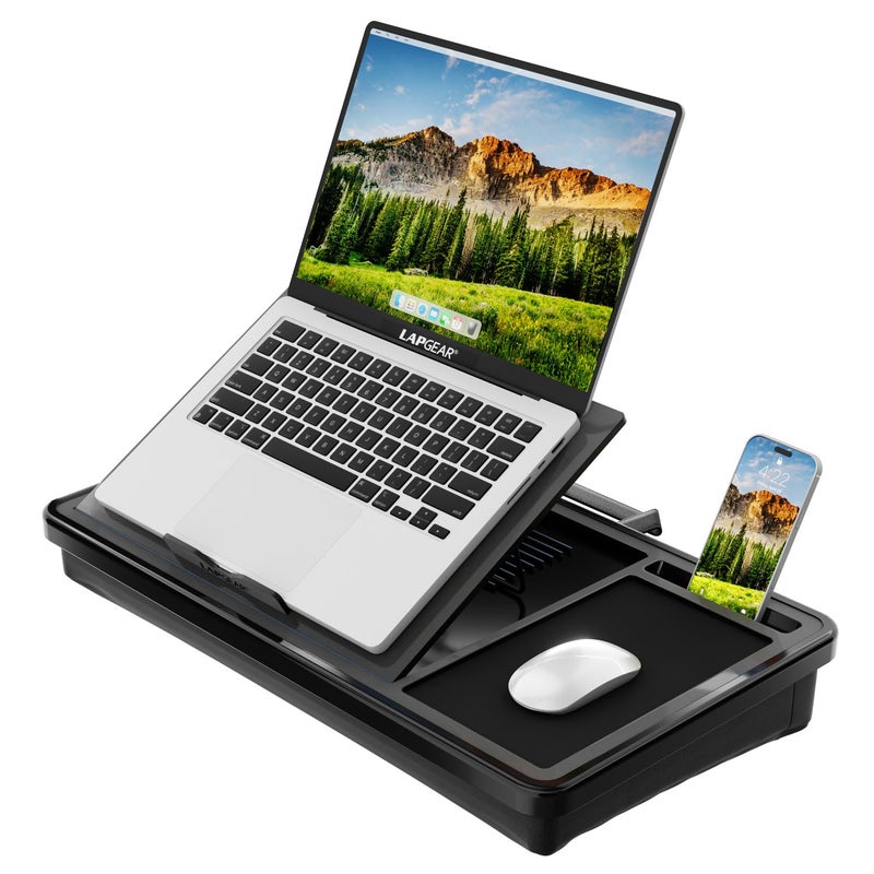 LAPGEAR Ergonomic Pro 2.0 Lap Desk with 9 Adjustable Heights, Built-in Mouse Pad & Phone Slot - Full Microbead Cushion, Storage Pocket - Fits Laptops up to 15.6" - Black - Style No. 49508 - Image 1