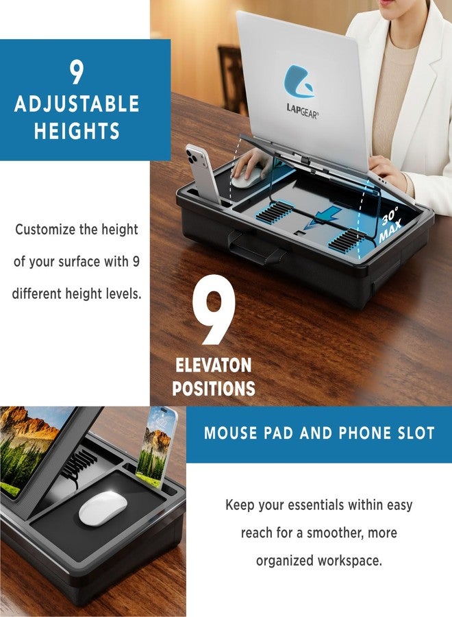 LAPGEAR Ergonomic Pro 2.0 Lap Desk with 9 Adjustable Heights, Built-in Mouse Pad & Phone Slot - Full Microbead Cushion, Storage Pocket - Fits Laptops up to 15.6" - Black - Style No. 49508 - Image 4