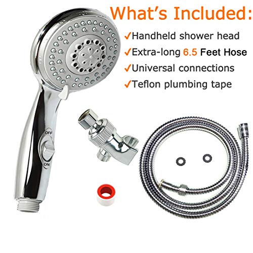 HauSun Handheld Shower Head with On/Off Switch - 5 Spray Settings 6.5 Feet Extra Long Hose High Pressure with Bathroom Faucet Kit - Universal Adapter Holder Mount for Wall,Chrome Finish - Image 3