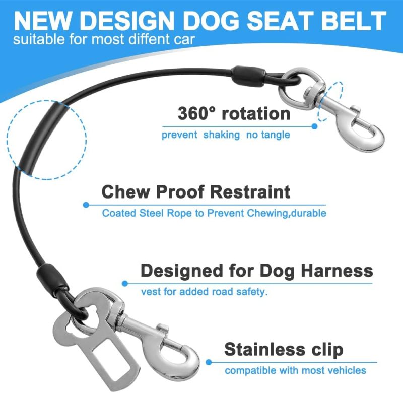 Dog Seatbelt: 4mm Coated Steel Cable, Chew-Proof, Double Clip & Latch Buckle, Heavy-Duty Dog Car Harness - 2-Pack, 16 Inch Black Pet Safety Restraint for Medium Large Strong Dogs In Vehicle - Image 4