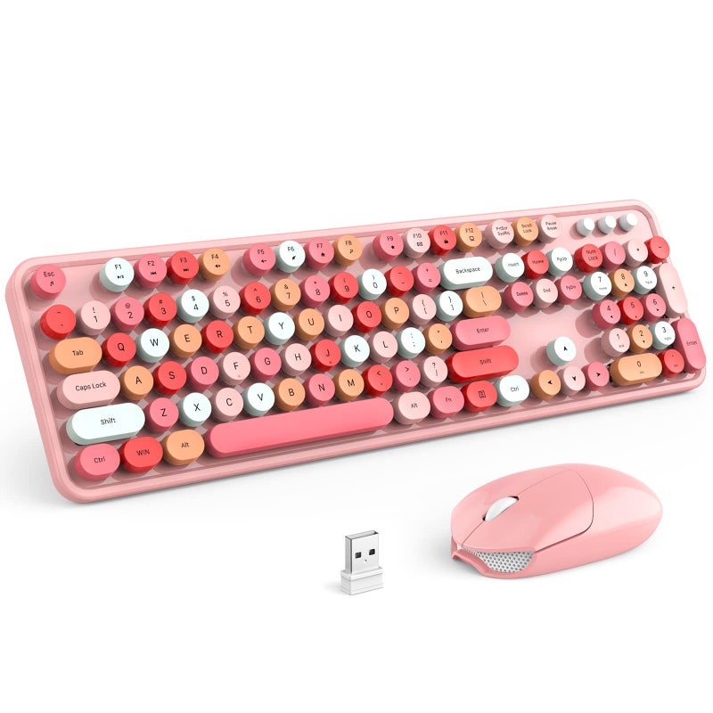 KNOWSQT Wireless Keyboard and Mouse Combo, Pink 104 Keys Full-Sized 2.4 GHz Round Keycap Colorful Keyboards, USB Receiver Plug and Play, for Windows, Mac, PC, Laptop, Desktop - Image 1