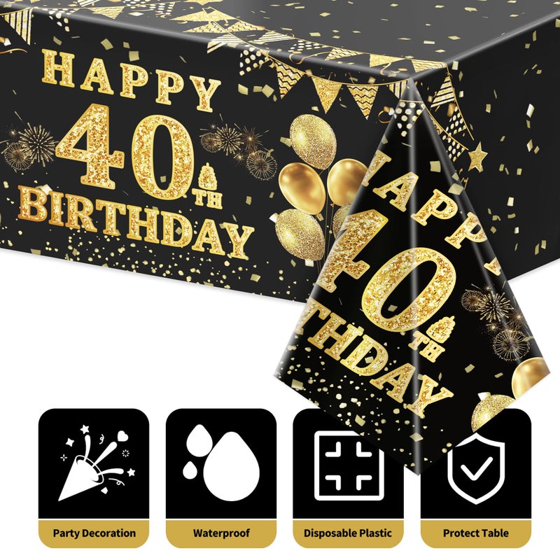 Labeol 3 Pack 40th Birthday Tablecloth, Black and Gold Happy 40th Birthday Decorations, Disposable Plastic Rectangular Table Cover Party Supplies for Men Women - Image 3