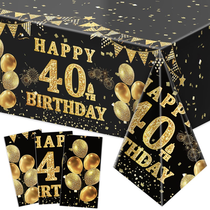 Labeol 3 Pack 40th Birthday Tablecloth, Black and Gold Happy 40th Birthday Decorations, Disposable Plastic Rectangular Table Cover Party Supplies for Men Women - Image 1