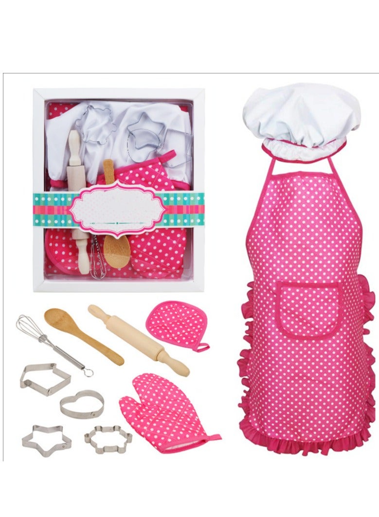 11-Piece Polka Dot Kids Kitchen Cooking Play With Apron And Chef Hat Set 30x25x5cm - Image 1