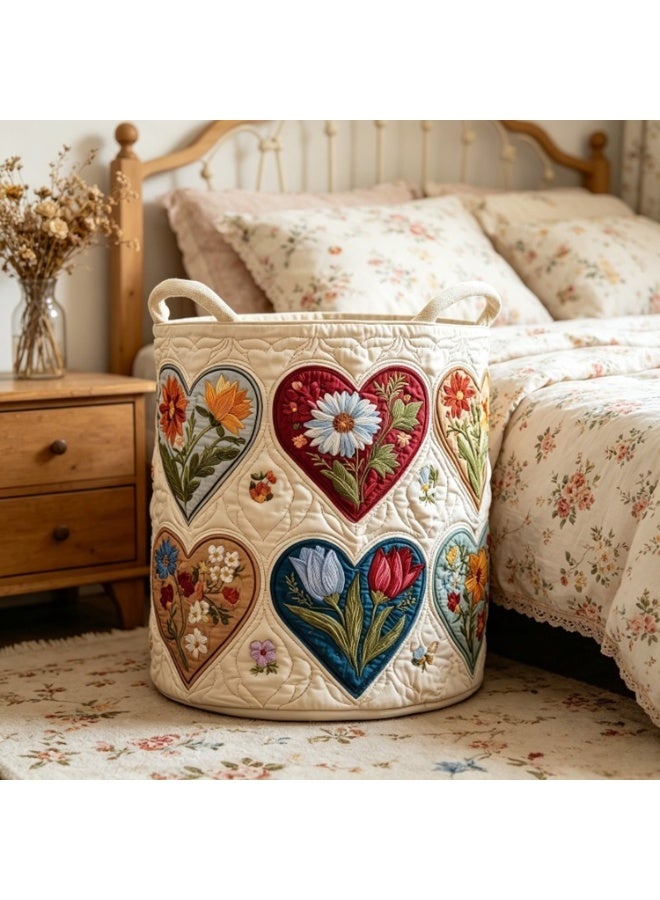 Boho-Style Quilted Cotton Laundry Basket Featuring A Floral And Heart Pattern; A Spacious, Colorful Storage Bin Suitable For Dirty Laundry, Blankets, And Bedding—Dust-Proof And Breathable. - Image 4