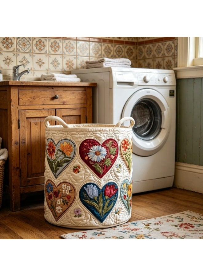 Boho-Style Quilted Cotton Laundry Basket Featuring A Floral And Heart Pattern; A Spacious, Colorful Storage Bin Suitable For Dirty Laundry, Blankets, And Bedding—Dust-Proof And Breathable. - Image 3