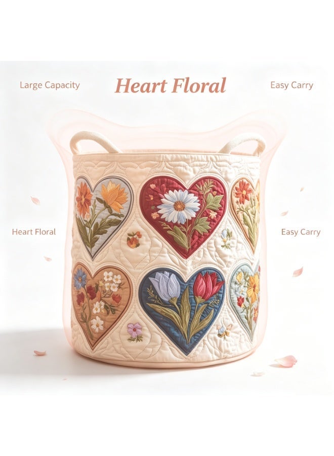 Boho-Style Quilted Cotton Laundry Basket Featuring A Floral And Heart Pattern; A Spacious, Colorful Storage Bin Suitable For Dirty Laundry, Blankets, And Bedding—Dust-Proof And Breathable. - Image 1