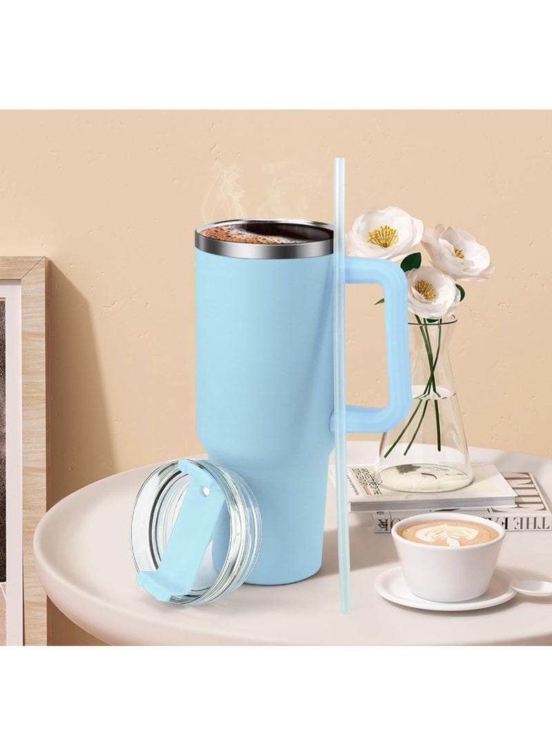 eBasket Thermal mug, 40 oz cup with straw and handle, 1200 ml coffee mug, double wall stainless steel vacuum insulated mug with lid, portable mug for hot and cold drinks, car and office mug (light blue) - Image 1