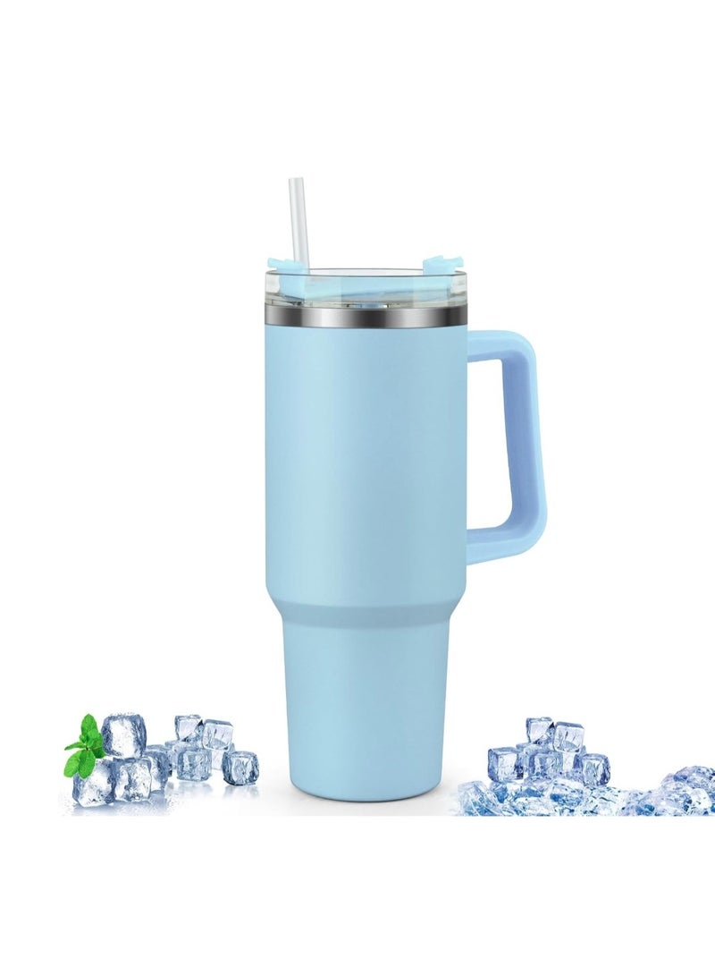 eBasket Thermal mug, 40 oz cup with straw and handle, 1200 ml coffee mug, double wall stainless steel vacuum insulated mug with lid, portable mug for hot and cold drinks, car and office mug (light blue) - Image 2