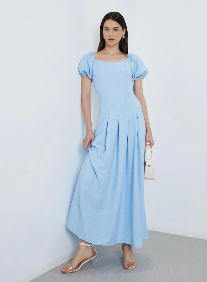 Take Two Solid Puff Sleeve Pleated Maxi Dress