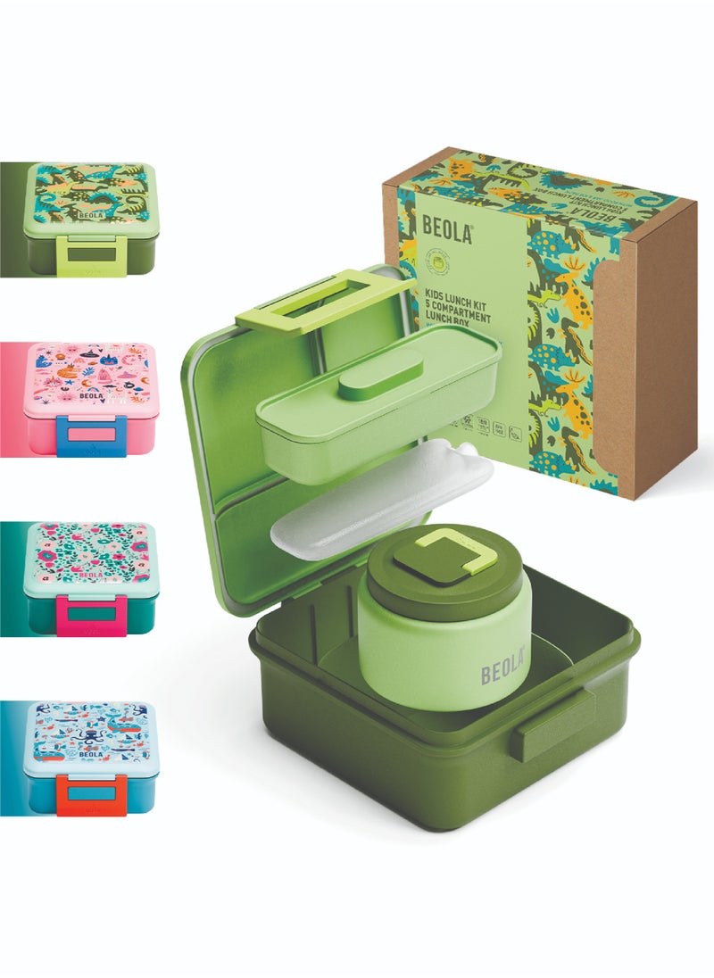 BEOLA Lunch Box for Kids with Food Jar Inside, Multi Compartment Bento Lunch Box with 240ml Food Thermos and Ice Pack, Tiffin Box for Kids with Insulated Steel Jar, Lightweight BPA free (Dino Dreams)  - Image 1