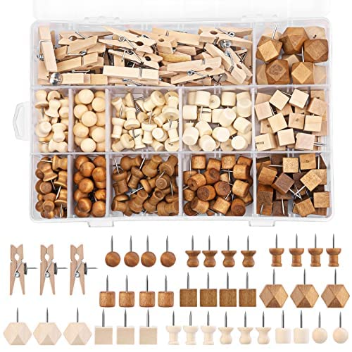 IMZAY 270 Pcs Wood Push Pins, 2 Colors and 7 Types Decorative Thumb Tacks Wooden Head Pin Marking Pin, Wood Thumb Tacks Decorative for Bulletin Boards Craft Projects with Storage Box - Image 1